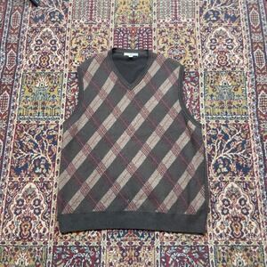 VTG 90s Joseph Abboud Mens Argyle V Neck Sweater Vest Size L Brown Red Tan
